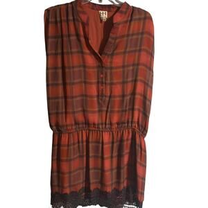 Haute Hippie Silk Plaid Dress L Red Black Lace Trim Gossip Girl